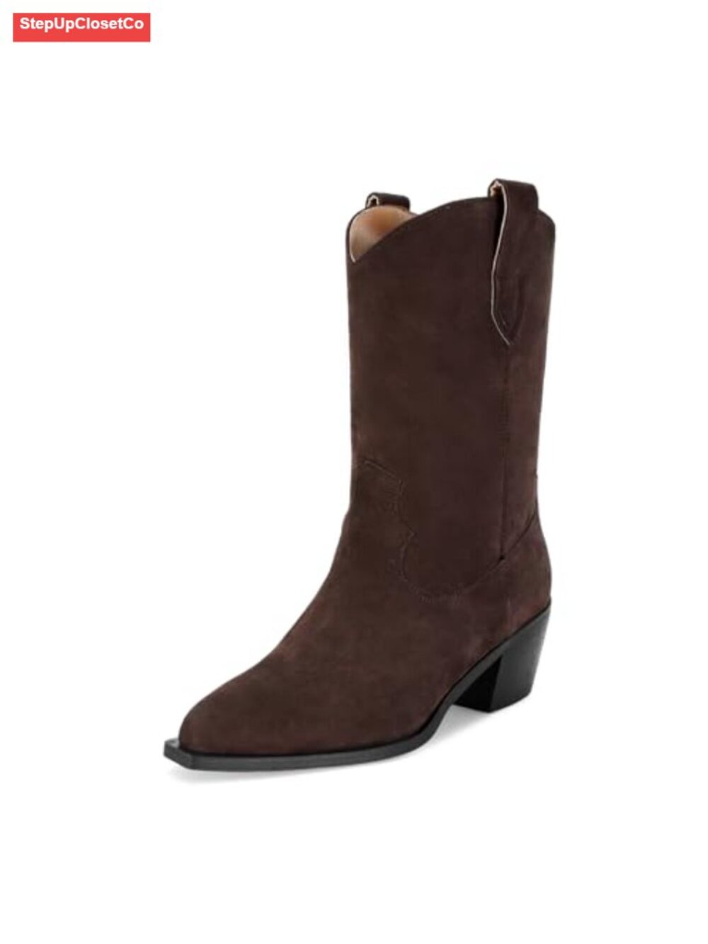 Suede Cowboy Boots Pointed Toe Mid-Calf Chunky Heel Pull On Western Boots